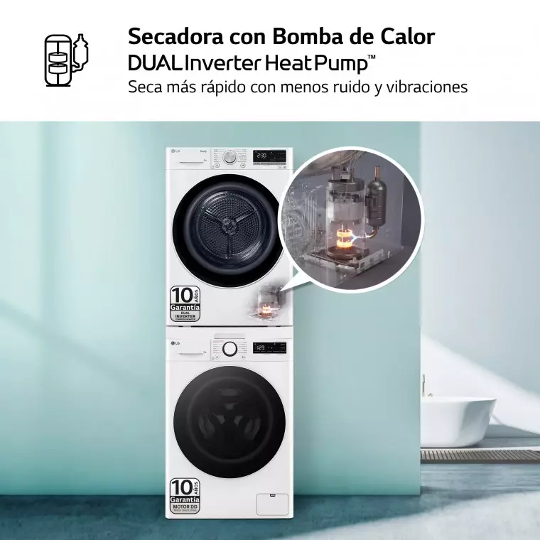 LG Torre de Lavado, Blanca, Lavadora inteligente 9kg, 1400rpm, 10% más eficiente que A + Secadora 8kg, A+++, TORRE0908KG.SET